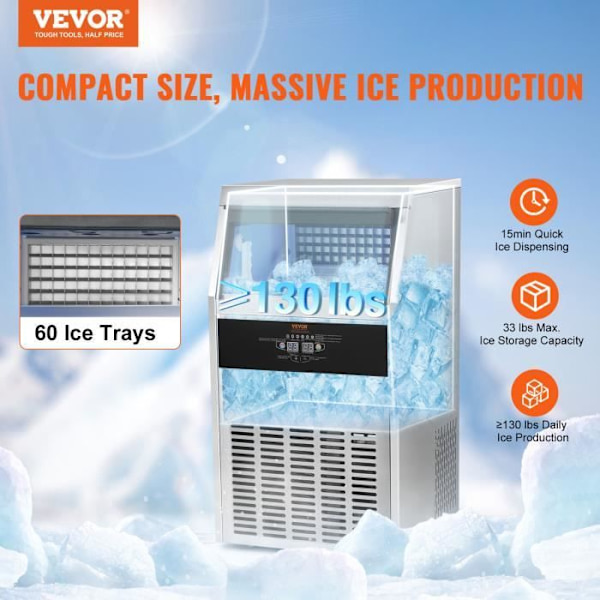Ice Cube Machine - VEVOR - 56 kg-24 h 60 Ice Cube Brickor Lagringskapacitet 15 kg för Home Restaurant Bar