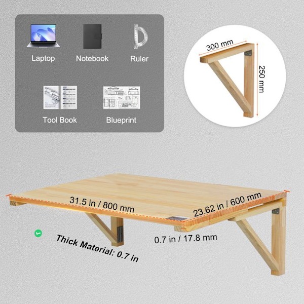 Väggfällbart bord-VEVOR-800 mm x 600 mm-Väggmonterat droppbord med järnstativ-Hemkontor, Matsal, Kök
