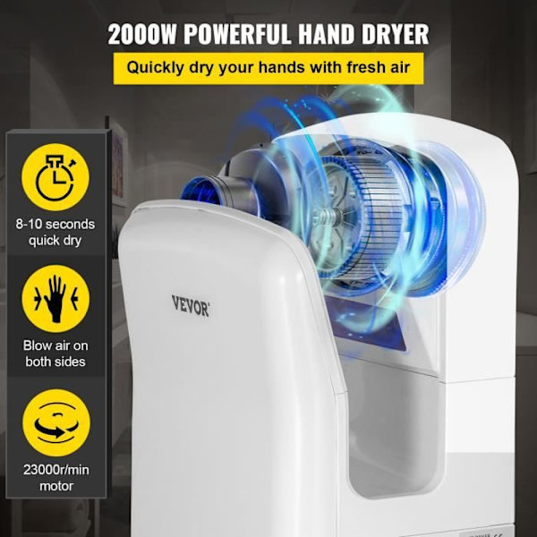 Elektrisk handtork - VEVOR VV-JHD-BS - 2000W - ABS - HEPA Vit