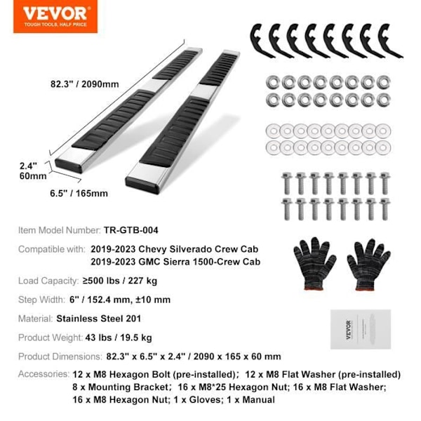 Running Boards-VEVOR-2PCs 6,5" Kompatibel med Chevy Silverado 2019-2023/GMC Sierra 1500/Silverado 2020-2024 /Sierra 2500/Crew