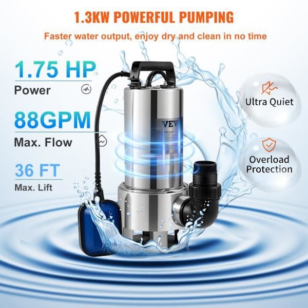 Avloppslyftspump - VEVOR - 1300 W 333,3 L-min avloppspump - med utloppsadapter