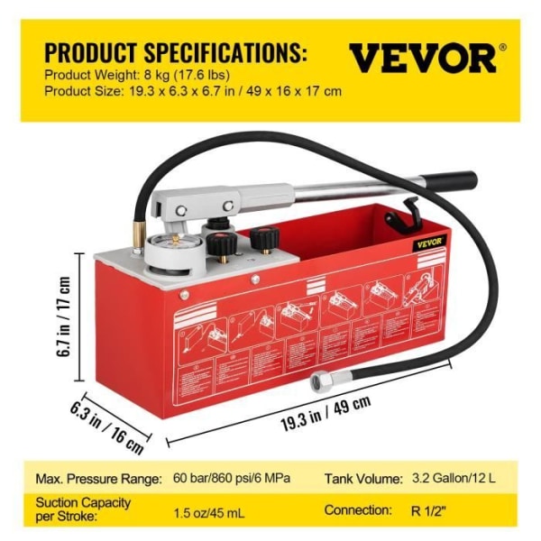 Trycktestpump - VEVOR - 60 bar 860 psi 6 MPa 12 L exakt dubbelventil hydrostatisk testpump - 49 x 16 x 17 cm