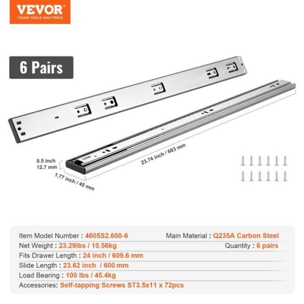 Lådslider - VEVOR - 6 par, 603 x 45 x 12,7 mm, Silent Soft Close, 45,4 kg, kolstål