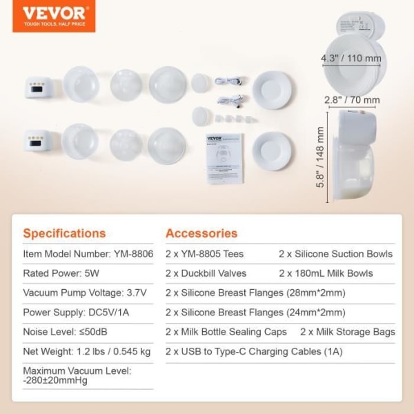 Bröstpump - VEVOR - 148 x 110 x 70 mm, 4 lägen 12 nivåer Sug 300 mmHg, LED-skärm för amning på resa hem