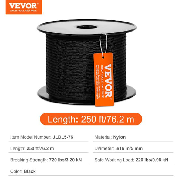 Flätat nylonrep - VEVOR - 5 mm x 76,2 m - Utomhusklätterrep - för vandring, camping, gunga, räddning