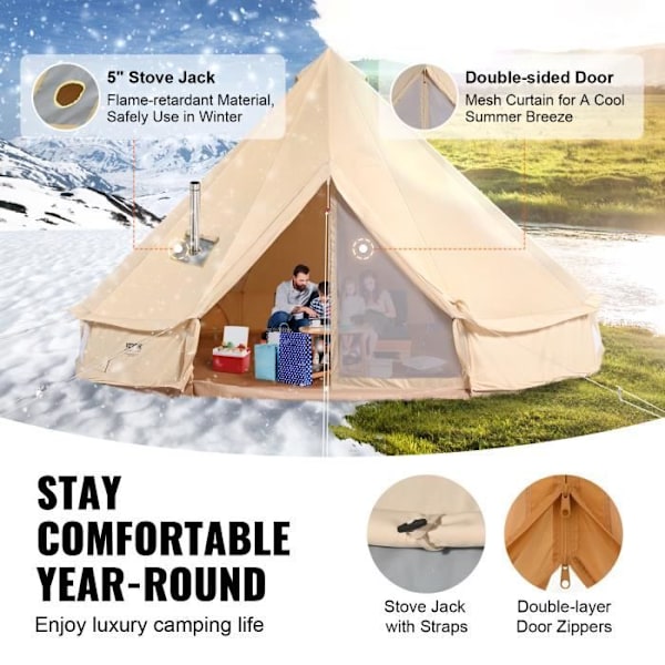 Campingtält -VEVOR- 4 Seasons - med spishål - Höjd 200 cm, Diameter 3 m, Vikt 17,1 kg för utomhusgrupper, fest