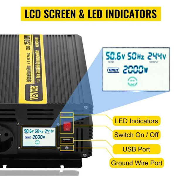 230V 2500W Pure Sine Inverter - VEVOR - DC 12V till AC Pure Sine Wave Converter - LCD
