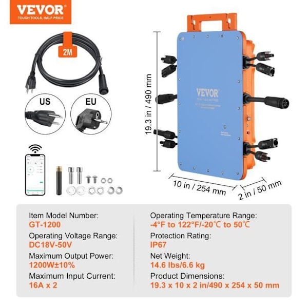 Grid Tie Solar Micro Inverter - VEVOR - 1200W IP67 Vattentät Solar Micro Inverter DC 18-50V - för solpanelssystem