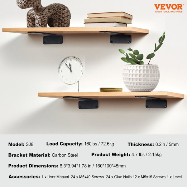 Hyllfäste-VEVOR-160 x 100 x 45 mm-6 stycken-Belastning 72,6 kg-för 5 mm tjocka mattsvarta L-formade hyllor