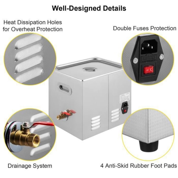 Ultraljudsrengöring - VEVOR - 15 L - Ultraljudsfrekvens 40 kHz - Uppvärmning 80°C