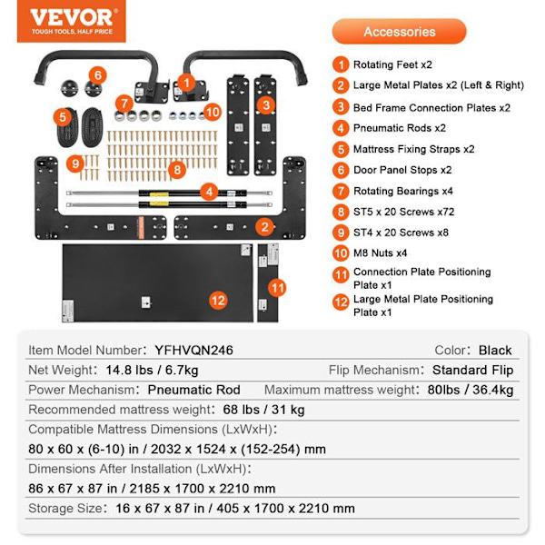 Murphy Bed Hardware Kit-VEVOR-Load 31 kg-2185 x 1700 x 2210 mm-för hopfällbar garderob Väggsäng för sovrum Svart