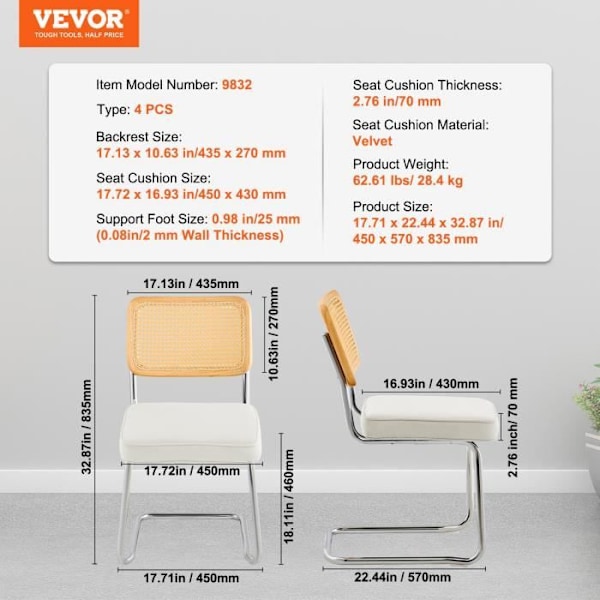 Rottingstol - VEVOR - 450 x 430 mm Matstolar utomhus 4 ST Vit kudde för vardagsrum, sovrum, kontor
