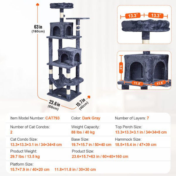 Cat Tree - VEVOR - med 2 Cat Condos, Sisal-skrapstolpe, Hängmatta, Top Perch - Large Cat Activity Center