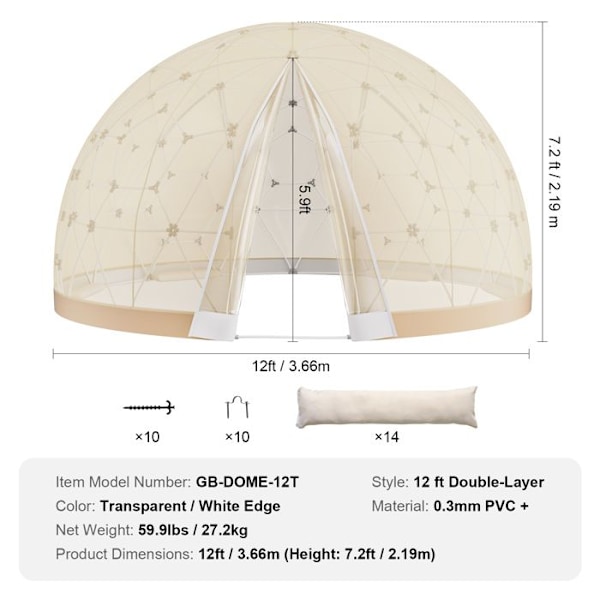 Kupolbubbeltält-VEVOR-3,66 m-Utomhuscampingskydd med transparent och ljusgul dubbel överdrag för camping, uteplats