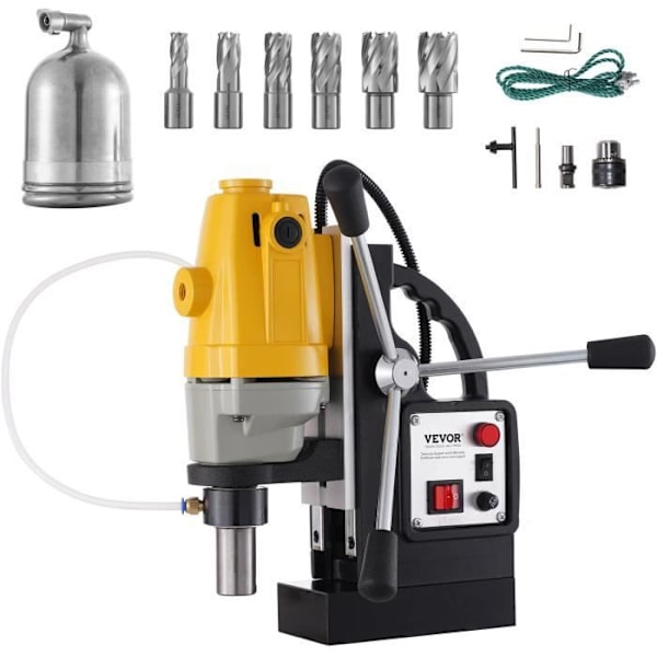 Magnetisk borr-VEVOR-1100 W-1-1-2 tum (40 mm) Borrdiameter-MD40, 12 000 N, 670 rpm-6 HSS ringformade fräsar