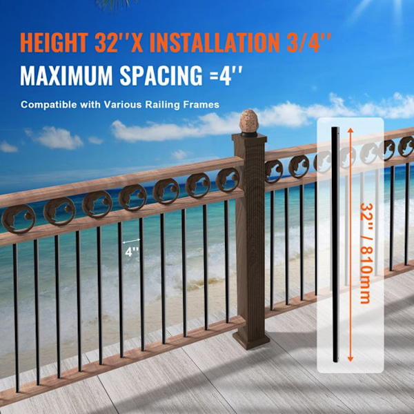 Metallbalustrar för trappor-VEVOR-19 x 810 mm-Aluminiumlegering-101 däcksstänger med ihåliga skruvar-Svart-veranda