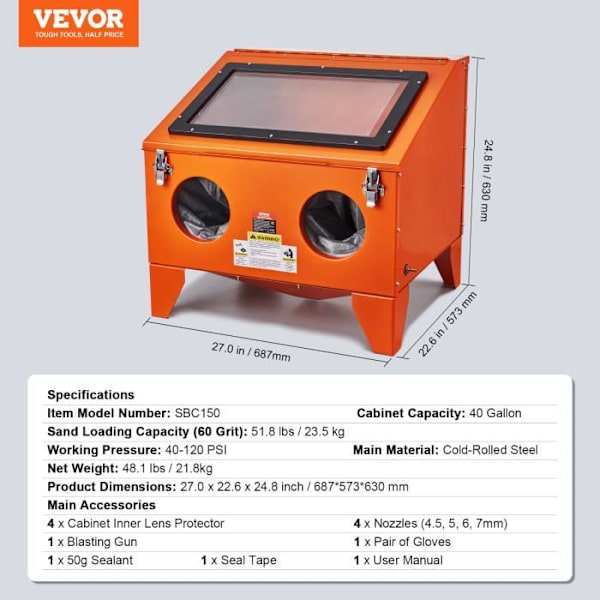 Sandblästringsskåp - VEVOR - 687 x 573 x 630 mm Sandblästringsskåp 40 gal bänkskåp sandblästringspistol 4 munstycken