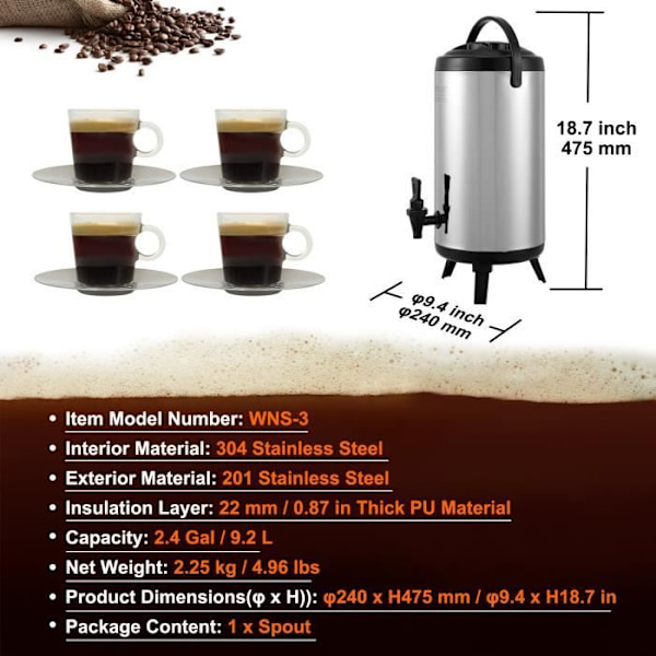 Isolerad vattenfontän - VEVOR - 9,2L isolerad dryckesautomat i rostfritt stål Varm- och kallvattenfontän, 240 x 475 mm