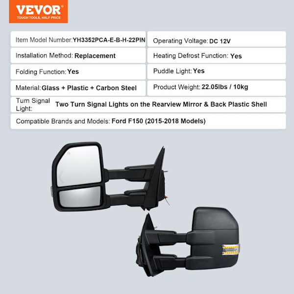 Bogserspeglar-VEVOR-Signal- och pölljus, platt och konvext glas-svart