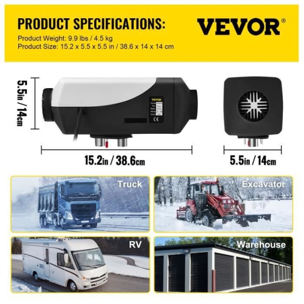 8KW 12V Dieselvärmare - VEVOR - WF 5001 - Låg bränsleförbrukning - LCD-fjärrkontroll vit svart