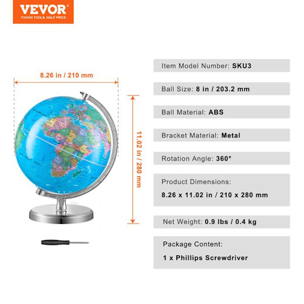 Roterande jordklot med stativ-VEVOR-203,2 mm-ABS-material-för barn, klassrumsgeografiinlärning