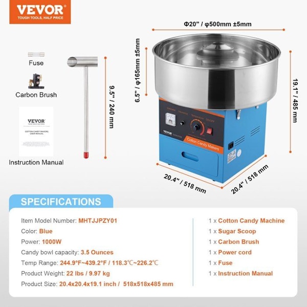 Elektrisk sockervaddsmaskin - VEVOR - 1000 W - med skål i rostfritt stål - Hemma, Barnfödelsedag, Familjefest - Blå