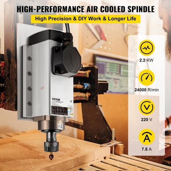 Spindelmotor-VEVOR-luftkyld fyrkantig 2,2 kW Spindelmotor 24000 RPM ER20-för gravyrmaskin Frekvensomvandlare