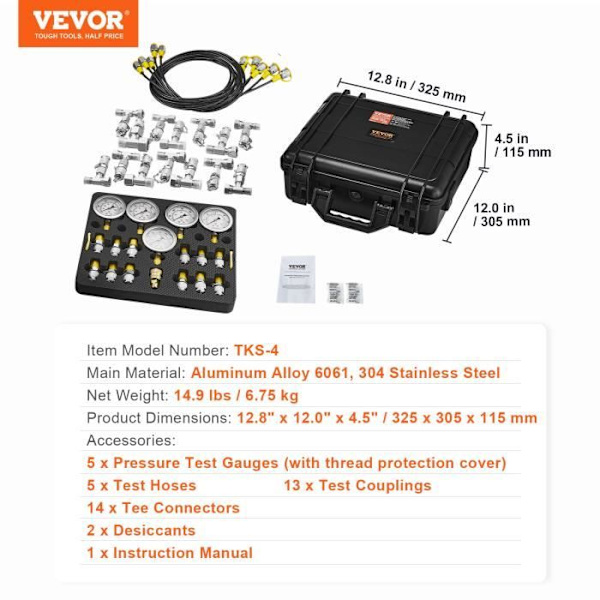Hydrauliskt trycktestsats-VEVOR-10-100-250-400-600 bar, 5 tryckmätare, 13 kopplingar, 14 T-anslutningar, 5 slangar