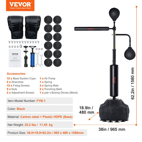 Boxningssäck - VEVOR - 965 x 480 x 1580 mm 2 i 1 reflexbokspåse på justerbart stativ för träning, svart