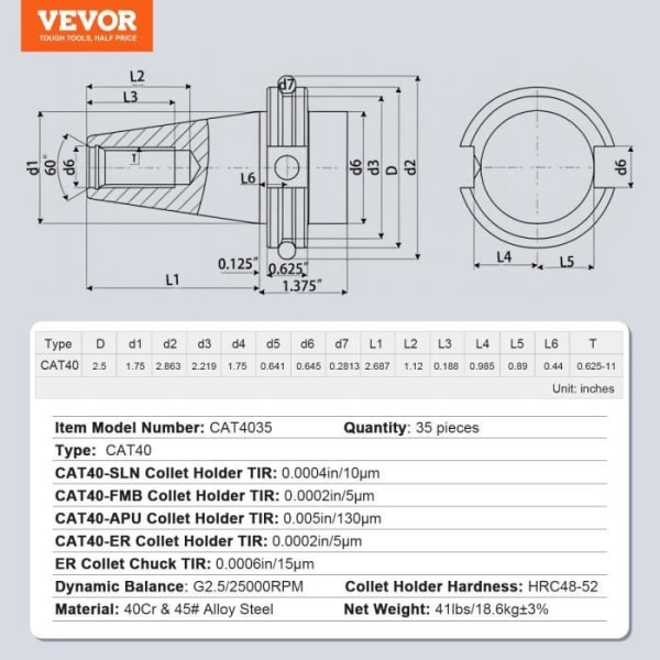 CAT40 ER16-32 Spännhylshållare, 35ST, SLN FMB ER16-32 APU-VEVOR-för fräsmaskin, borrpressar, borrmaskin