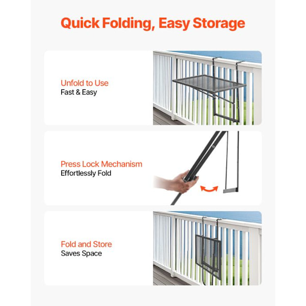 Bordsskiva för Balkong-VEVOR-610 x 530 x 590 mm-Fällbar Barbord för Utomhusbalkongräcken-Justerbar på 5 Nivåer