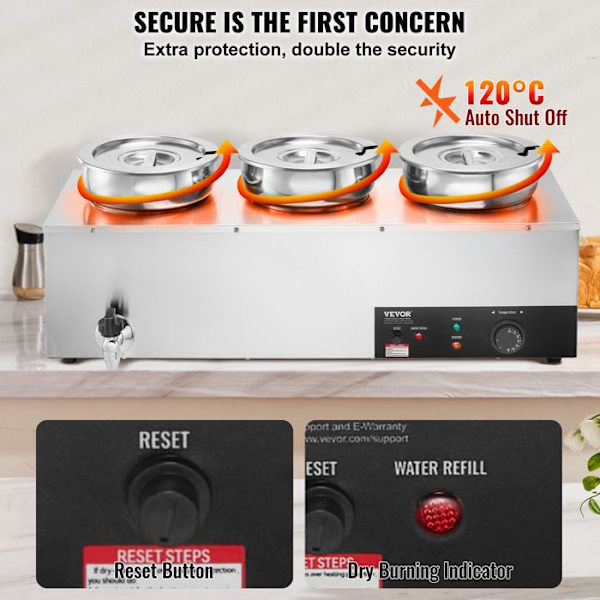 Soup Warmer 3 x 7 L-VEVOR-Elektrisk Soup Station 1200 W-Anti-Dry Burning and Reset Button, Bufférestaurang