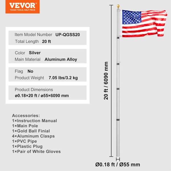 6090 mm teleskopisk flaggstångssats-VEVOR-tysk aluminiumlegering i marken flaggstång för utomhus-silver