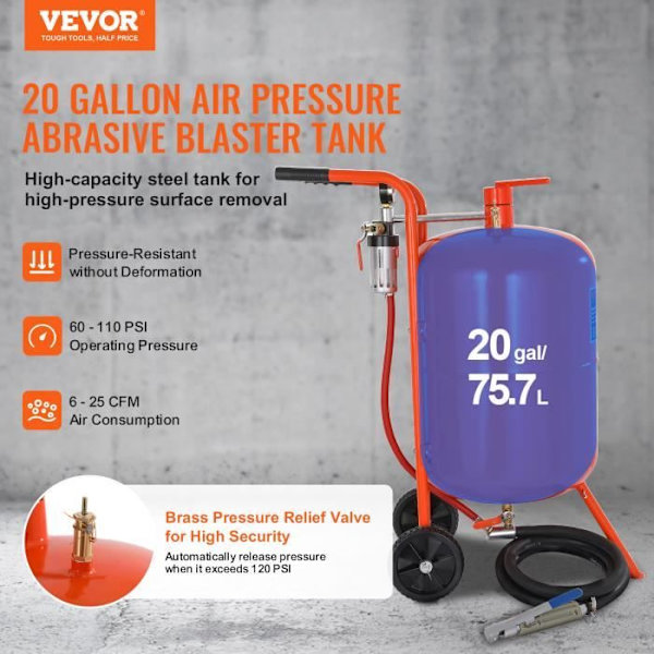 Sandbläster - VEVOR - 750 x 395 x 835 mm Högtryckstank Kapacitet 75,7 L 60-110 PSI med 4 munstycken för fläckar, rost