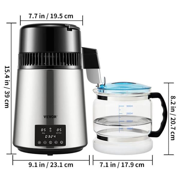 Vattendestillatör av rostfritt stål - VEVOR - YMK40207 - 1L/h 30-108℃ - 4L - Silver Pengar