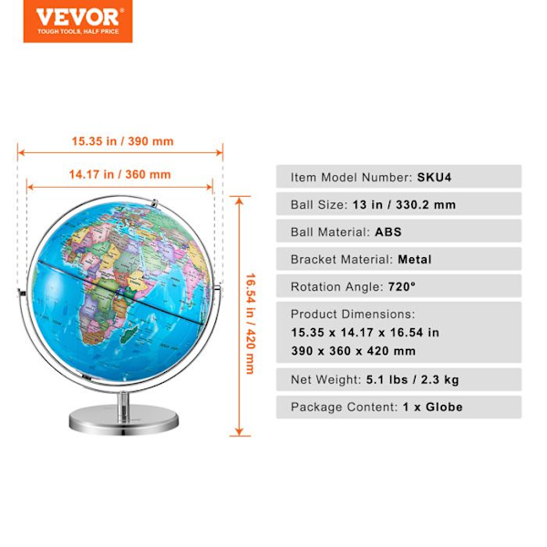 Roterande jordklot med stativ-VEVOR-330,2 mm-Exakt tidszon-ABS-material-720°-Lärande geografi i klassen