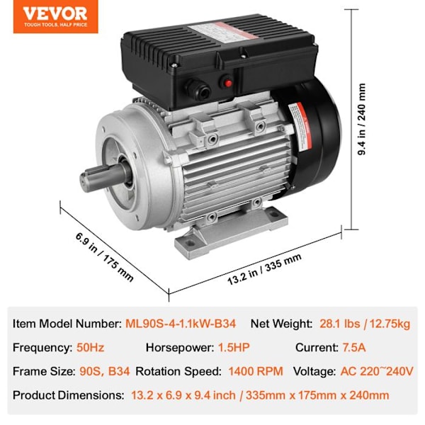 Elmotor - VEVOR - 1,1 kW - Enfas luftkompressormotor - 1400 rpm - för jordbruksmaskiner och utrustning