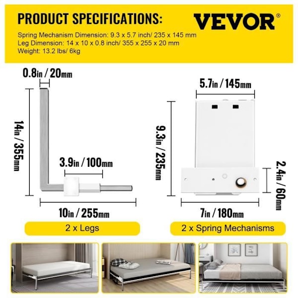 Murphy Bed Kit -VEVOR -Belastning 250 kg, Rostfritt stål - Fjäderstödsats för 0,9 till 1,2 m Murphy Bed - Lägenhet, Hotell Vit