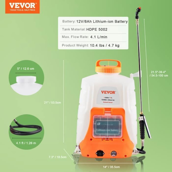 Elektrisk spruta - VEVOR - Elektrisk ryggsäcksspruta med batteri 15L tank 4,1L-min 0-6,2bar
