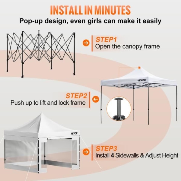 Pop-up-tält - VEVOR - Pop-up-tält Trädgårdspaviljong - 3x3 m sidoväggar - Vit