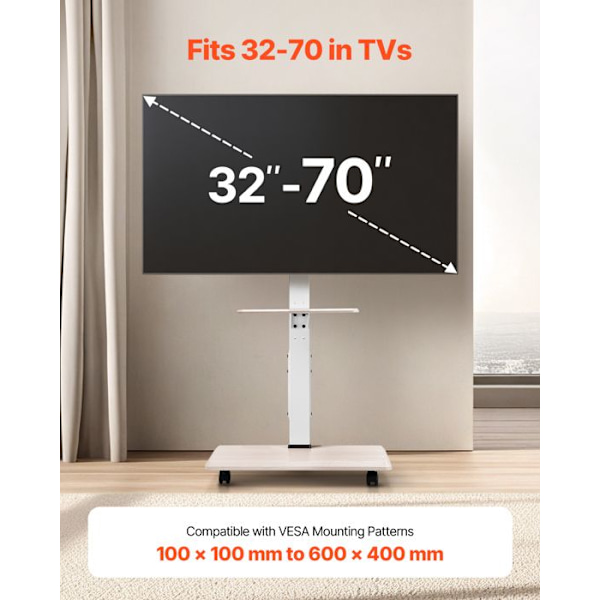 Stöd för TV med hjul-VEVOR-för skärmar 812,8-1778 mm-Mobil TV-vagn-Vänster-höger rotation 25°-för sovrum, utomhus