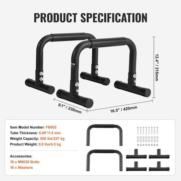 Dip Bar - VEVOR - 420 x 230 x 315 mm Dip Bar Parallell Bars Belastning 227 kg för Fitness Bodybuilding Gym Enkel montering