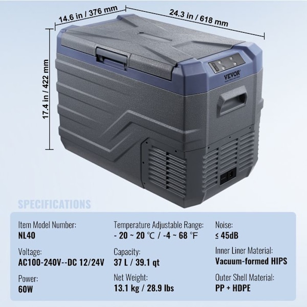 Kompakt Kylskåp-VEVOR-37 L-Minikyl för Bil 12/24 V DC och 100-240 V AC-Justerbar Temperatur