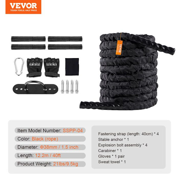 Combat Rope-VEVOR-38 mm-Polyester Training Rope- för kärnstyrketräning, hemmagym
