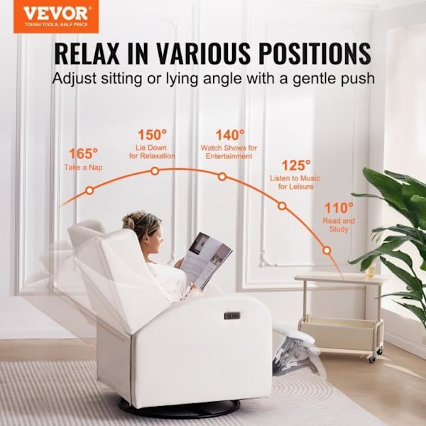 Elektrisk vilstol-VEVOR-Justerbar vinkel mellan 110° och 165°-Belastning 113,4 kg-Polyester-Vardagsrum-Sovrum-Ljusgrå