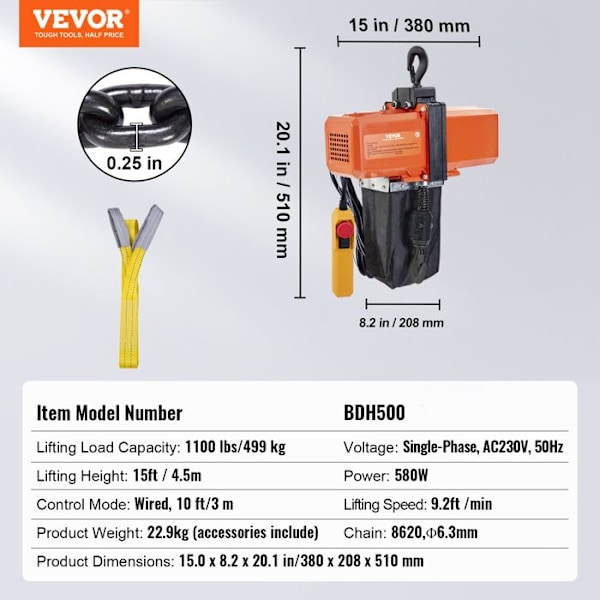 Elektrisk kedjetelfer - VEVOR - Lastkapacitet 499 kg - Max lyfthöjd 4,5 m, 580 W - för garage, verkstad, hotell, hem