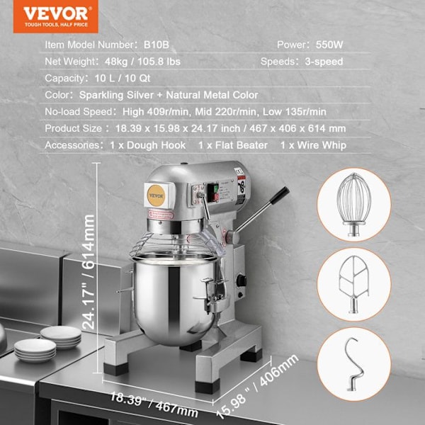 Kommersiell bakverksrobot 10 L-VEVOR-550 W-med skål i rostfritt stål och 3 blandningstillbehör - för restaurang, bageri, konditori