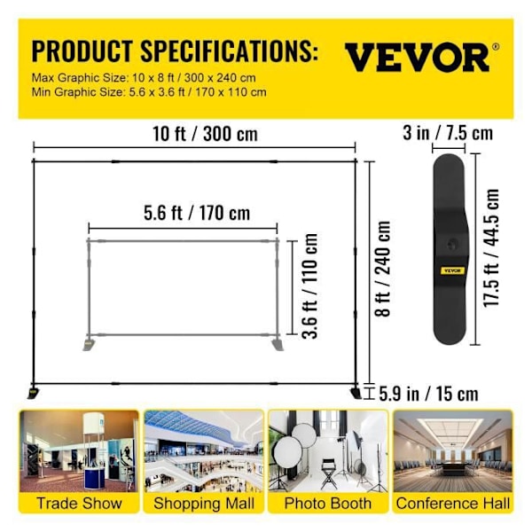 Bakgrundsställ för fotostudio - VEVOR - 3m x 2,4m - Professionell justerbar med bärväska Svart