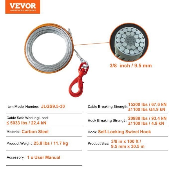 Vinschkabel - VEVOR - 9,5 mm x 30,5 m, Brotthållfasthet 67,6 kn, Med roterande krok, kolstål
