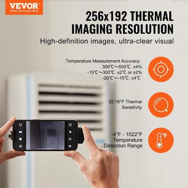 Värmekamera - VEVOR - upplösning 256 x 192 IR, 25 Hz uppdateringsfrekvens för smartphone, -4°F-1022°F, IP54